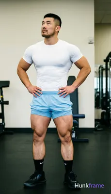 Asian man with a short black buzz cut and light jawline stubble stands upright in an indoor gym sett
