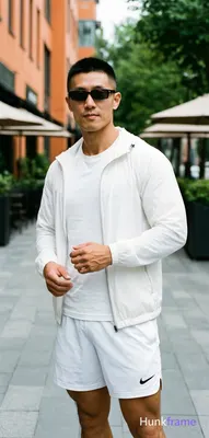 Asian man with short black buzz cut and rectangular thin black framed sunglasses
