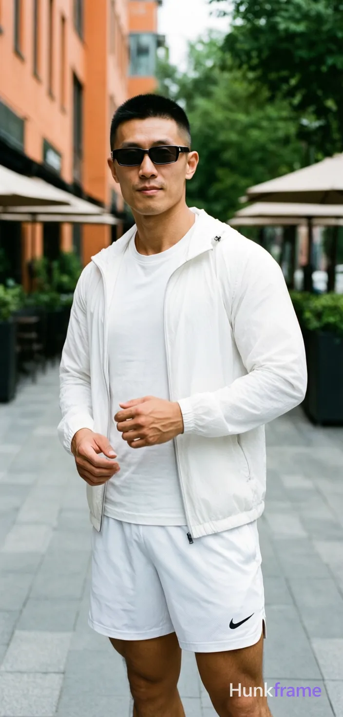 Asian man with short black buzz cut and rectangular thin black framed sunglasses worn on face stands upright in a tasteful suggestive pose; He wears a white zip-up windbreaker over a crew-neck t-shirt, paired with white athletic shorts featuring a small black Nike swoosh logo on the left thigh; His lean build shows defined abs as he faces the camera with arms slightly bent and hands relaxed near waist level; Sculpting natural daylight highlights his physique against an outdoor urban street scene with paved walkways, orange buildings in the background, green trees under umbrellas; Slightly tilted camera angle captures a confident full-body shot from head to mid-calf; The adult man visibly wears sunglasses worn on face; dark lenses, thin black frames, rectangular shape on his face; preserve the exact frame shape, rim style, color, material, and lens tint; single clean uninterrupted photograph with a cohesive editorial composition and plain continuous surrounding surfaces