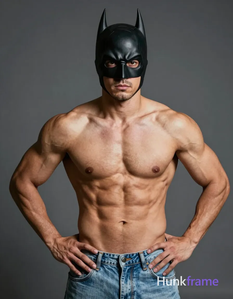 An athletic adult man with light to medium tan skin stands in a gym setting under dramatic directional lighting; He has unobstructed face with both eyes, irises, eyebrows, temples, and nose bridge clearly visible, dark thick eyebrows, and light stubble on chin and upper lip with an intense serious gaze; His build is highly muscular featuring defined pectorals and abs, broad shoulders, thick arms, and minimal chest hair; Shirtless exposing bare chest, abdomen, and arms; he wears a black Batman-style cowl mask covering head and eyes plus light blue denim jeans; Pose: standing with hands on hips, torso slightly angled forward in a centered waist-up portrait; single clean uninterrupted photograph with a cohesive editorial composition and plain continuous surrounding surfaces