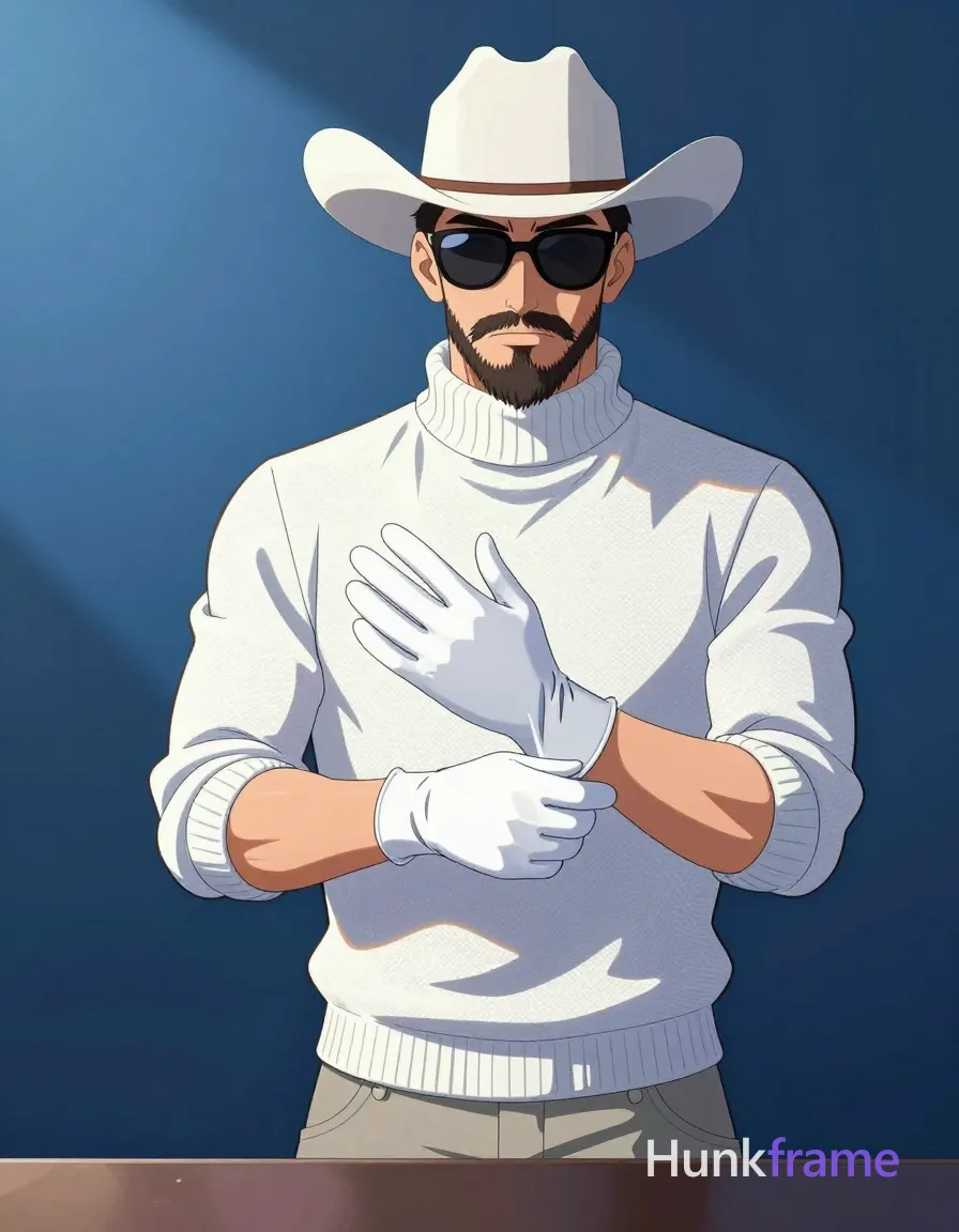 A fair-skinned Caucasian man with a full trimmed beard and mustache stands behind a dark table in an anime style. He wears a white textured turtleneck sweater, long sleeves rolled slightly at wrists, a white cowboy hat, black oversized reflective sunglasses, and light-colored trousers visible below the table edge while putting on white gloves. His torso is upright with broad shoulders and defined arms; he pulls the glove onto his right wrist using both hands in mid-motion. The scene features dramatic cool-toned directional lighting from the left casting sculpted shadows against a solid blue backdrop. The composition captures waist-up to head, centered, rendered as polished 2.5D next-gen game art with clean lines and sharp focus., a single uninterrupted photograph only, no written words or typography anywhere in frame, no captions, no app UI, no social-media post layout, no screenshot borders