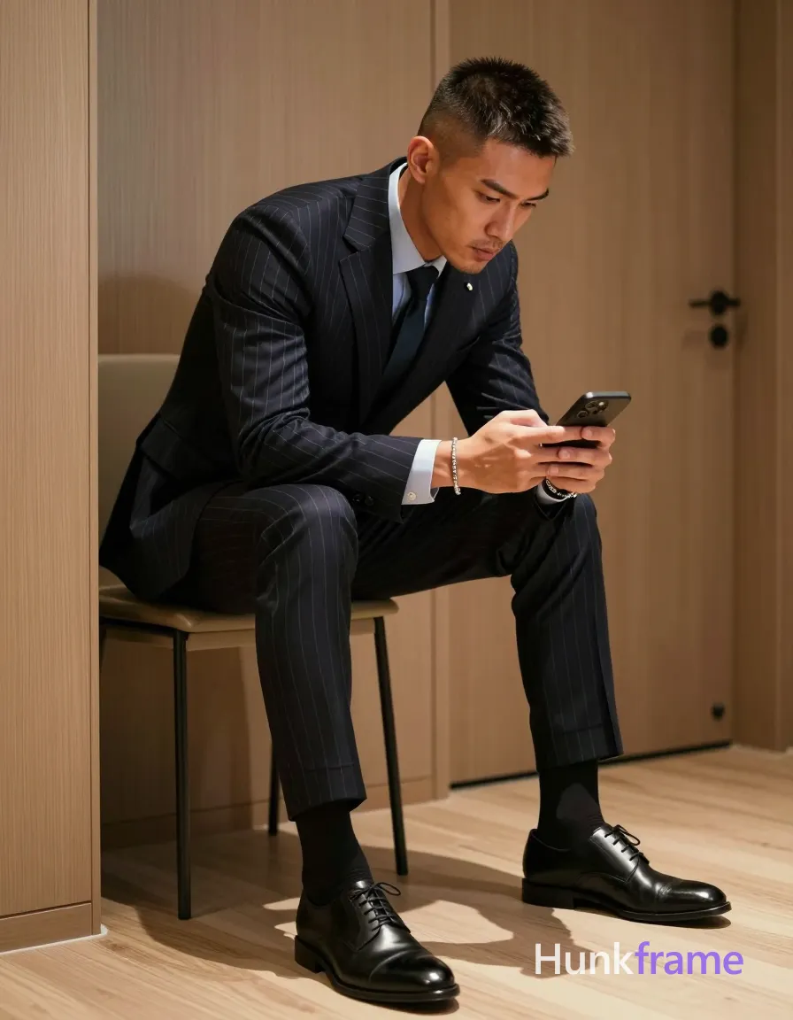 Asian man with light to medium tan skin and short textured dark hair, clean-shaven face wearing a focused intense gaze at phone screen; Seated on edge of stool leaning forward torso angled toward camera holding smartphone in both hands thumbs operating ring visible index finger silver bracelet left wrist; Fully clothed lean build adult wearing dark pinstripe suit jacket navy charcoal thin white vertical stripes matching trousers light blue dress shirt collar buttoned neck dark tie black knotted throat black socks pulled up mid-calf black leather oxford shoes laces; Full-body shot head to knees center-right occupying majority frame background wooden door light wood flooring soft directional lighting front-left subtle shadows minimalist interior clean lines sharp focus premium fashion editorial photography dramatic controlled lighting sculpted pose, same aesthetic theme and photo feel as the reference but a different man in a different pose with distinct body proportions, Slavic man, pale skin, ash blond stubble, tall athletic frame; single clean uninterrupted photograph with a cohesive editorial composition and plain continuous surrounding surfaces
