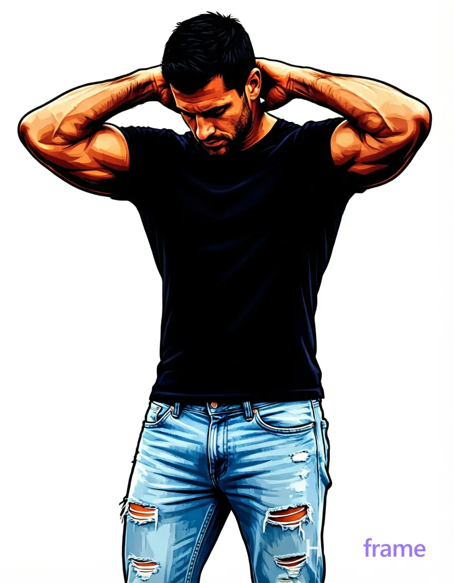 Bold flat-color wall art poster of an adult man with short black hair and defined biceps standing against seamless white background, torso twisted right. He wears a black graphic tee and light blue distressed jeans with rips at thighs, forearms raised clasping hands behind neck obscuring face. High-contrast color blocking defines skin tones and denim blue in mid-thigh up full-body shot. Clean vector lines emphasize confident masculine form without text or logos., a single uninterrupted photograph only, no written words or typography anywhere in frame, no captions, no app UI, no social-media post layout, no screenshot borders