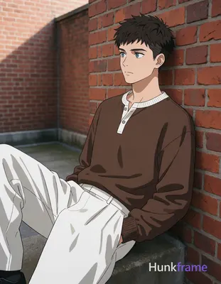 an anonymous figure man with short textured dark brown hair, clean-shaven face, neutral contemplativ
