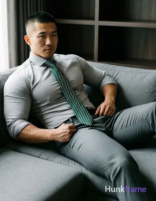 Asian man with short buzz cut and clean-shaven face reclining on a gray sectional sofa, torso angled