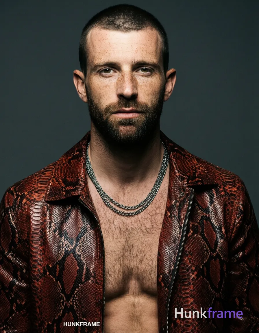 A fair-skinned white man with freckles and short dark cropped hair stands shirtless in a head-and-shoulders portrait facing the camera. He wears an open red-brown snakeskin-patterned jacket revealing his bare chest, neck, and silver metallic chains around his collarbones. The lean build features a defined jawline under dramatic directional lighting from front-left against a plain dark gray studio background. His direct gaze meets the lens with neutral lips in high-fashion editorial photography style rendered as full-bleed vertical phone wallpaper composition with clean negative space. A visible wordmark 'HUNKFRAME' appears centered at the bottom of the frame. Include exactly one visible wordmark, spelled exactly "HUNKFRAME", in the same compositional text position; preserve its appropriate typography and scale. No other visible text, logo, caption, username, hashtag, comment, watermark, or UI chrome., same aesthetic theme and photo feel as the reference but a different man in a different pose with distinct body proportions, Middle Eastern man, tan skin, dark beard shadow, muscular but natural proportions, a single uninterrupted photograph only, no written words or typography anywhere in frame, no captions, no app UI, no social-media post layout, no screenshot borders