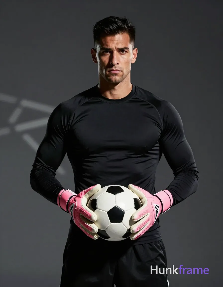 A rugged medium-dark skinned man with short dark hair styled back and clean-shaven face stares seriously into the camera. He stands front-facing, torso upright in a black long-sleeve athletic compression shirt fully covering his broad shoulders and defined arms, paired with black athletic shorts showing a visible waistband. His hands hold a black-and-white soccer ball at chest level with elbows slightly bent while wearing pink goalkeeper gloves. The scene is a studio or controlled dark background with faint geometric light patterns projected behind him. Dramatic directional lighting from front-left casts strong shadows on the right side of his face and torso, emphasizing high contrast sculpted musculature in this fine-art photography aesthetic waist-up portrait framing., a single uninterrupted photograph only, no written words or typography anywhere in frame, no captions, no app UI, no social-media post layout, no screenshot borders