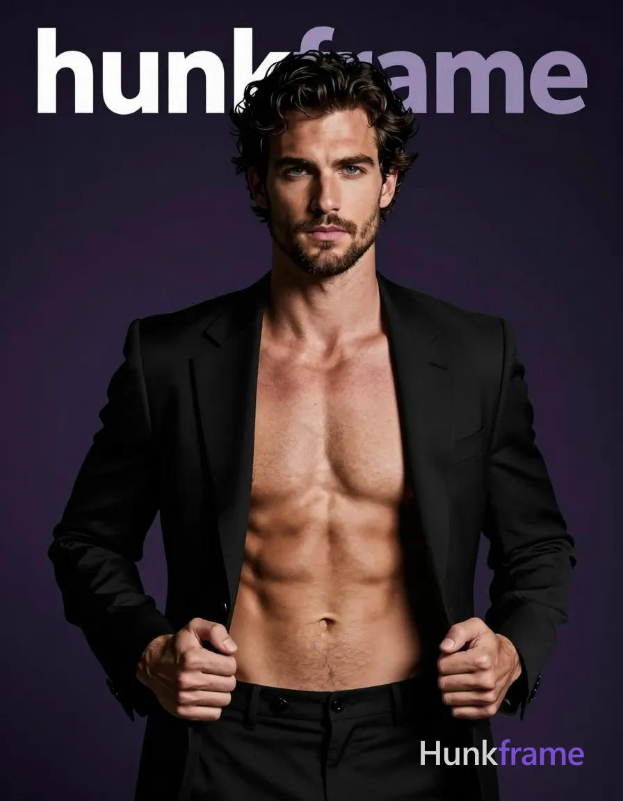 A handsome white man with fair warm skin and dark voluminous textured waves stands facing forward in a high-contrast studio; He wears unobstructed face with both eyes, irises, eyebrows, temples, and nose bridge clearly visible, sporting a short neatly trimmed beard and mustache over stubble; His torso is shirtless from collarbone to lower abdomen, revealing broad shoulders, defined pectorals, and toned abs visible through an open black tailored suit jacket held wide by his hands gripping the lapels at waist level; Matching black trousers are partially seen below the waistline against a seamless dark purple-to-black gradient backdrop; Dramatic directional lighting from front-left sculpts his musculature with soft shadows on a square jawline and blue-grey eyes, capturing an intense cinematic mood in fine-art editorial photography; FULL TEXT REPLACEMENT: remove every original source word, sentence, slogan, logo, and partial spelling from the text-bearing area, then replace it with only the wordmark, spelled exactly "hunkframe" in the original compositional text position; This is replacement; Preserve appropriate typography and scale; single clean uninterrupted photograph with a cohesive editorial composition and plain continuous surrounding surfaces