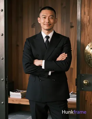 Asian man with buzz cut and light stubble on upper lip, gentle closed-mouth smil