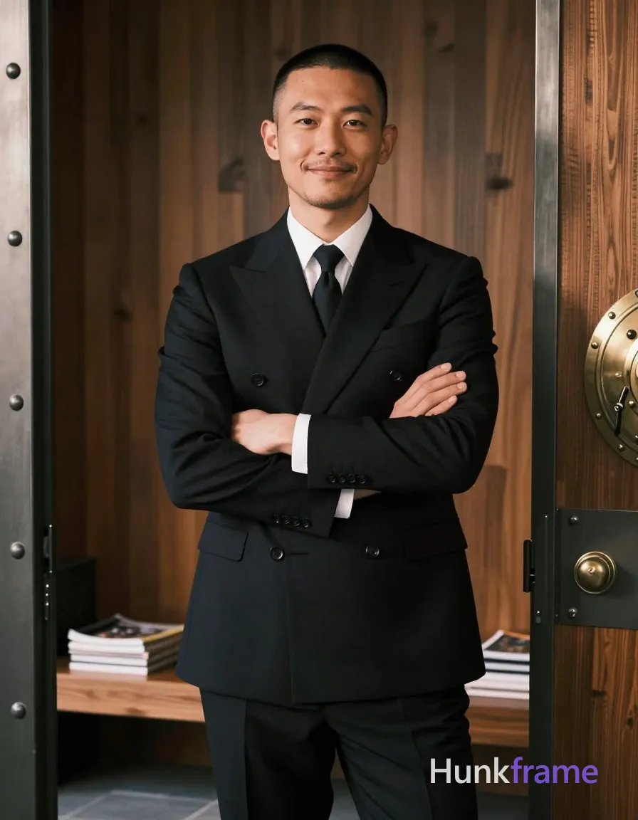 Asian man with buzz cut and light stubble on upper lip, gentle closed-mouth smile standing upright arms crossed over chest in relaxed confident posture wearing black double-breasted wool-blend suit jacket white dress shirt collar visible beneath jacket cuffs peeking from sleeve openings solid black silk tie knotted neatly at neck base fully clothed adult broad shoulders defined pectoral muscles beneath jacket lapels toned abdominal definition visible through suit fabric indoor studio environment featuring wood-paneled walls with vertical grain patterns metallic riveted door frame structure to right side containing circular brass fixture resembling vault mechanism element modern minimalist bench seat holding stacked magazines in background soft directional key light illuminating left side of face creating subtle shadows on right cheekbone and neck contour ambient fill lighting reducing harshness while maintaining depth through controlled contrast ratios typical of fashion editorial photography high-resolution digital capture with shallow depth of field blurring background elements subtly behind subject's shoulders color grading emphasizing warm wood tones against cool black suit creating visual tension between organic and manufactured textures confident refined sophisticated approachable yet authoritative portrait centered vertically horizontally within medium shot framing from mid-thigh up to crown of head, a single uninterrupted photograph only, no written words or typography anywhere in frame, no captions, no app UI, no social-media post layout, no screenshot borders