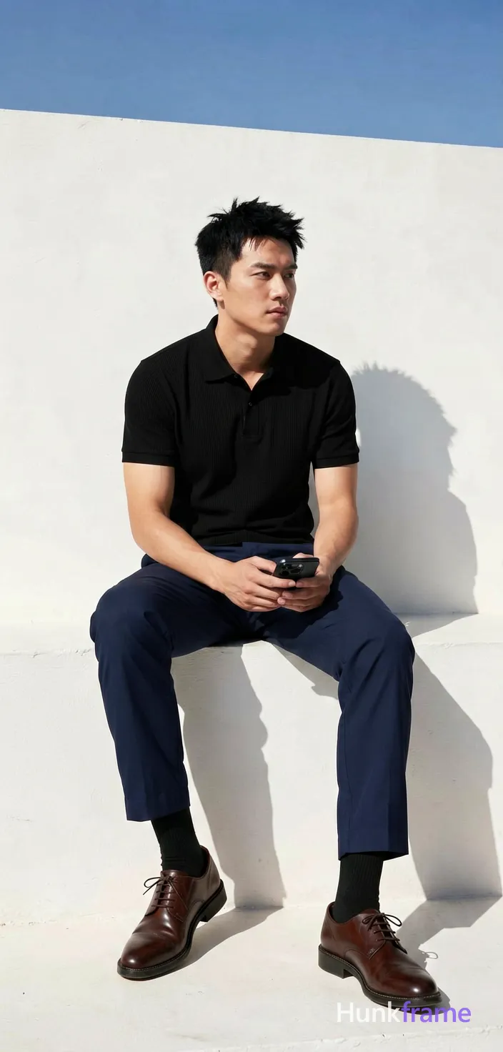 Asian man with short black spiky hair and clean-shaven face, lean build seated on white ledge. Left leg bent foot flat right leg extended forward wearing black ribbed polo shirt collar closed dark navy trousers black crew socks brown leather lace-up dress shoes fully clothed adult neutral gaze to right holding black smartphone in both hands at lap level outdoor against minimalist white wall under clear blue sky bright direct sunlight from left casting sharp shadow on right clean lines high contrast shadows fine-art photography vertical portrait composition centered center-left dramatic directional lighting premium fashion editorial aesthetic, wearing underwear or swim trunks, covered genitals, no frontal nudity, a single uninterrupted photograph only, no written words or typography anywhere in frame, no captions, no app UI, no social-media post layout, no screenshot borders