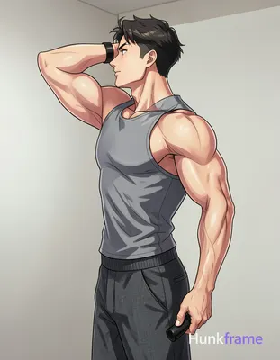 Polished anime style rendering of an adult muscular man standing in profile, left arm raised behind
