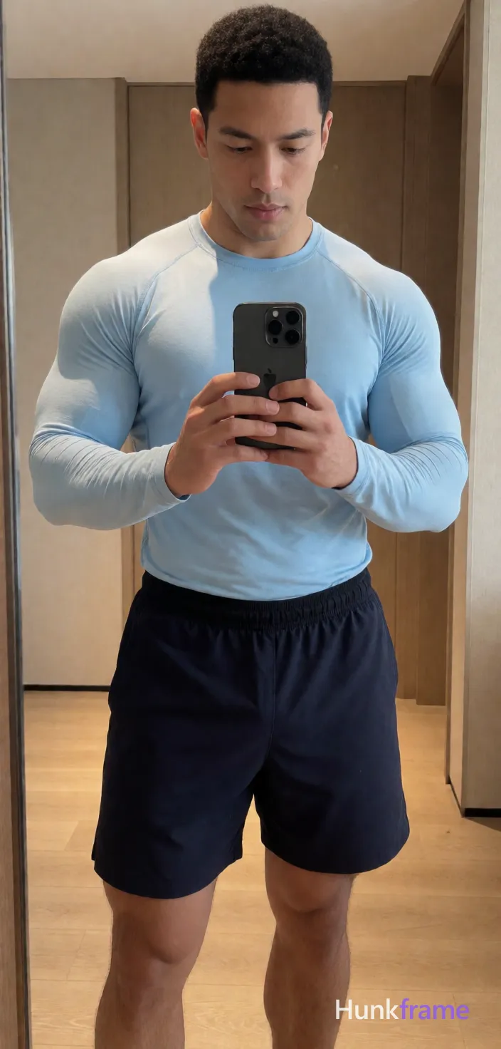 Heavily muscular adult man with substantial muscle mass, wide shoulders, thick neck, large chest and arms, powerful thighs, and dense bodybuilding proportions; Asian man with light to medium tan skin and short black textured hair, clean-shaven face holding a vertical black smartphone at chest level against a full-length mirror; He wears a light blue long-sleeve compression shirt over dark navy athletic shorts with visible black briefs waistband; Athletic build with defined abs stands upright facing the reflection in a modern interior with light wood flooring and beige walls; Soft ambient indoor lighting reflects evenly on skin; slight fisheye distortion typical of phone cameras captures full body from head to shoes with a slight leftward lean, same aesthetic theme and photo feel as the reference but a different man in a different pose with distinct body proportions, Turkish man, olive skin, aquiline nose, heavily muscular hairy chest editorial look; single clean uninterrupted photograph with a cohesive editorial composition and plain continuous surrounding surfaces