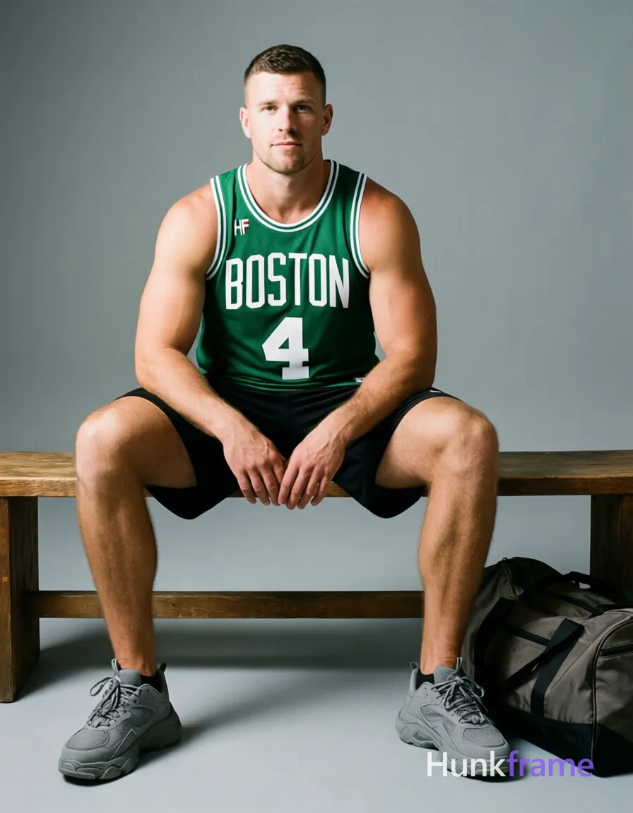 A handsome white man with short brown hair and a clean-shaven face sits on a wooden bench in a minimalist studio, legs spread apart. He wears a green sleeveless basketball jersey with 'BOSTON 4' text, black athletic shorts, and grey chunky sneakers. His broad shoulders and thick thighs are defined under soft directional lighting against a plain grey backdrop. A duffel bag rests to his right. The image features clean lines and an elevated fashion editorial aesthetic. Include exactly one visible wordmark, spelled exactly "HF", as a small garment print; preserve its appropriate typography and scale. No other visible text, logo, caption, username, hashtag, comment, watermark, or UI chrome., a single uninterrupted photograph only, no written words or typography anywhere in frame, no captions, no app UI, no social-media post layout, no screenshot borders