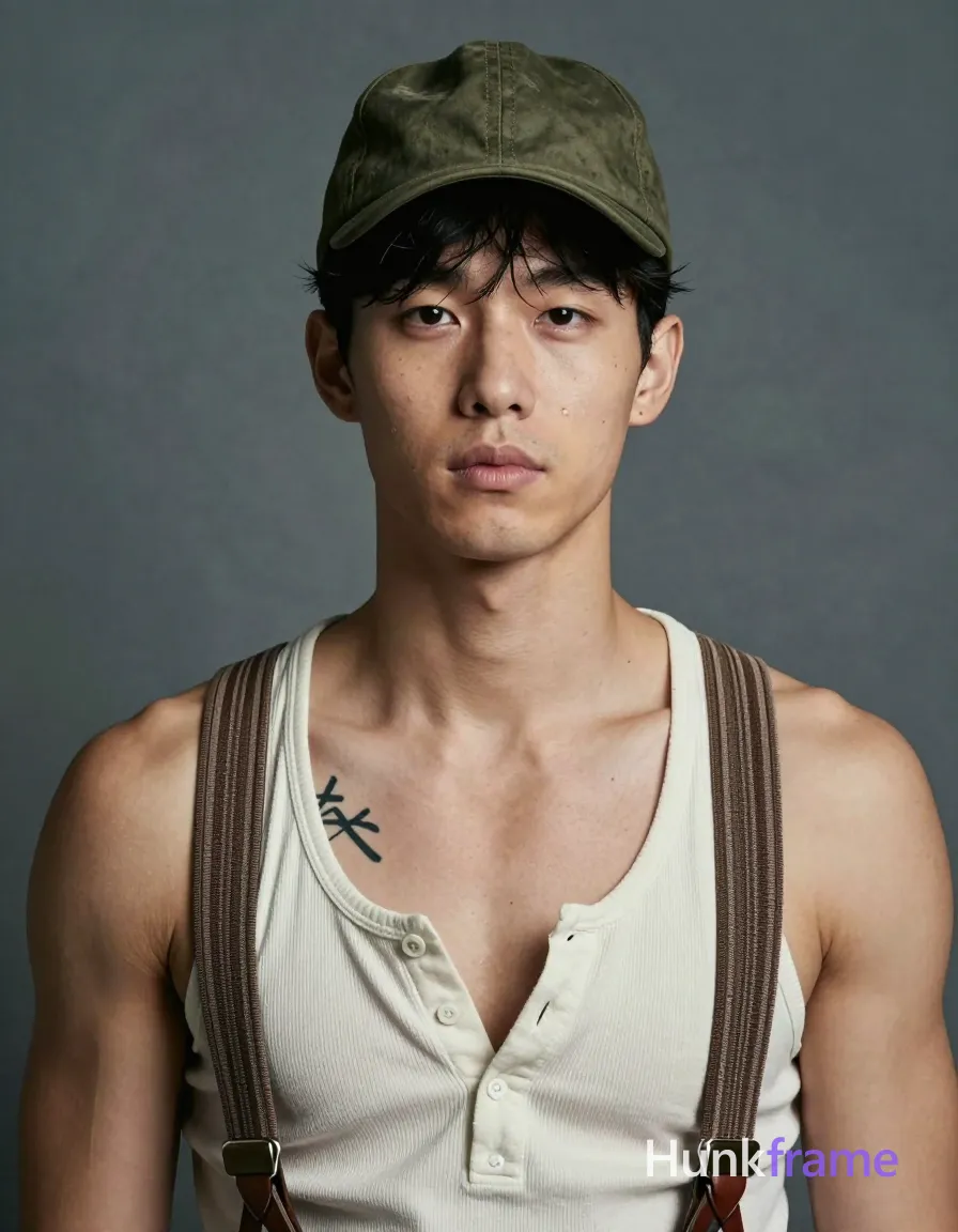 Caucasian man with fair warm skin wearing olive green military cap, off-white ribbed henley unbuttoned to reveal chest tattoo and defined collarbones. Static head-and-shoulders portrait facing camera with direct gaze and neutral mouth. Brown striped suspenders over shoulders against textured grey-blue studio backdrop. Soft directional front-left lighting creates subtle shadows on right face. High contrast fine-art photography, vintage color grading, intimate dramatic mood., same aesthetic theme and photo feel as the reference but a different man in a different pose with distinct body proportions, lean Korean man, sharp jaw, monolid eyes, slim swimmer build, natural black hair, a single uninterrupted photograph only, no written words or typography anywhere in frame, no captions, no app UI, no social-media post layout, no screenshot borders