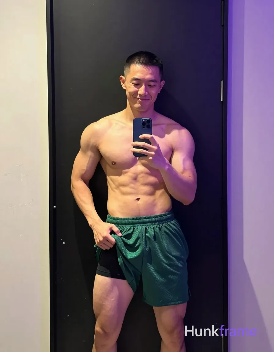 Asian man with short buzz cut and clean-shaven face smiling relaxed in a bold flat-color wall art vertical mirror selfie, shirtless showing broad shoulders, defined pectorals, six-pack abs, and thick thighs; He holds a dark blue smartphone at chest level with his left hand while resting his right hand on the waistband of green mesh athletic shorts where black underwear is visible above mid-thigh length fabric against bare chest, abdomen, and hips; Positioned center-left in an indoor setting with dark walls reflecting behind him under warm overhead highlights contrasted by cool purple accent shadows from the right side creating high-contrast color blocking; single clean uninterrupted photograph with a cohesive editorial composition and plain continuous surrounding surfaces