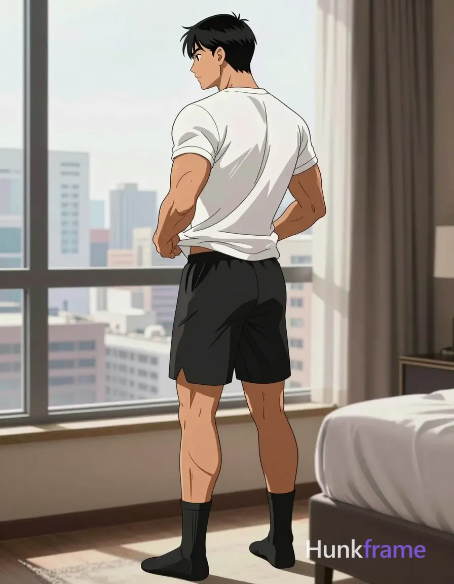 Polished anime 2.5D style illustration of an adult man with short black straight hair and side-parted bangs, back of head visible, standing sideways facing a large window in an urban luxury hotel room; He holds a white crew-neck t-shirt loosely gathered at waist level between both hands, appearing to adjust it while wearing black athletic shorts ending mid-thigh and black ankle socks; His muscular build features thick thighs and defined calf muscles emphasized by strong natural backlighting from the cityscape view behind him; The vertical 13:19 composition frames his lower body center-left with a bed edge visible on the right, capturing an intimate contemplative mood in high-contrast fine-art photography, same aesthetic theme and photo feel as the reference but a different man in a different pose with distinct body proportions, Mexican man, bronze skin, strong jaw, thick wavy hair, soccer-player lean legs; single clean uninterrupted artwork with a cohesive composition and plain continuous surrounding surfaces