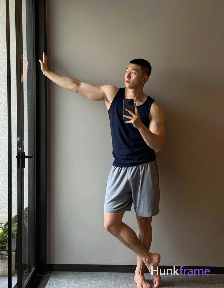 an anonymous figure adult man with short black buzz cut and clean-shaven face, neutral focused gaze at mirror reflection; Standing sideways holding dark smartphone in left hand for vertical selfie; right arm extended palm flat against wall beside tall window; Weight shifted on right leg while left foot slightly lifted off ground in relaxed stance; Wearing dark blue sleeveless tank top covering torso completely from neck to waistline with crew neckline; light gray loose athletic shorts ending mid-thigh showing side pockets; Full-body shot head to shoes with slight upward angle capturing entire figure within architectural space centered vertically; Strong side lighting creates high-contrast chiaroscuro across broad shoulders and defined pectorals on naturalistic skin textures; Clean lines, minimalist interior corner setting, shot on iPhone 15 Pro main camera, authentic smartphone computational photography, natural Smart HDR, vertical 9:16 Xiaohongshu lifestyle post, bright clean gym or cafe scene, wardrobe matching reference outfit, confident everyday blogger pose, phone photo with natural grain, phone held naturally in one hand for; single clean uninterrupted photograph with a cohesive editorial composition and plain continuous surrounding surfaces