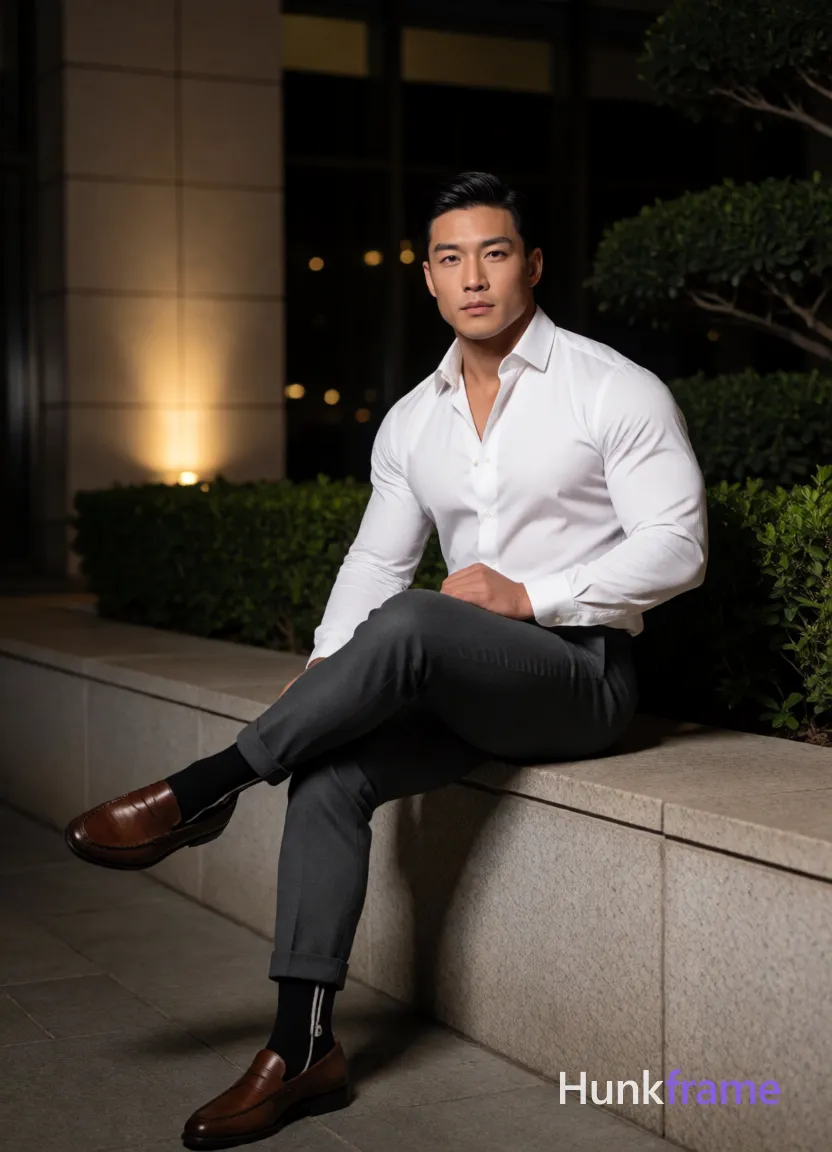 Heavily muscular adult man with substantial muscle mass, wide shoulders, thick neck, large chest and arms, powerful thighs, and dense bodybuilding proportions; Asian man with short black straight side-parted hair and clean-shaven face, seated on wide stone ledge right leg crossed over left knee; Wearing white long-sleeve button-up shirt unbuttoned at top two buttons, dark grey slim-fit trousers with cuffed hems, black socks with white stripe detail, brown leather loafers; Broad shoulders, defined biceps, thick thighs; Outdoor urban night scene with modern building facade and manicured greenery; Soft directional light from left side illuminating front of subject against warm accent lights on wall behind; Fine-art photography fashion editorial aesthetic dramatic nighttime lighting sculpted pose composition full-body shot center-right sophisticated calm contemplative mood; single clean uninterrupted photograph with a cohesive editorial composition and plain continuous surrounding surfaces