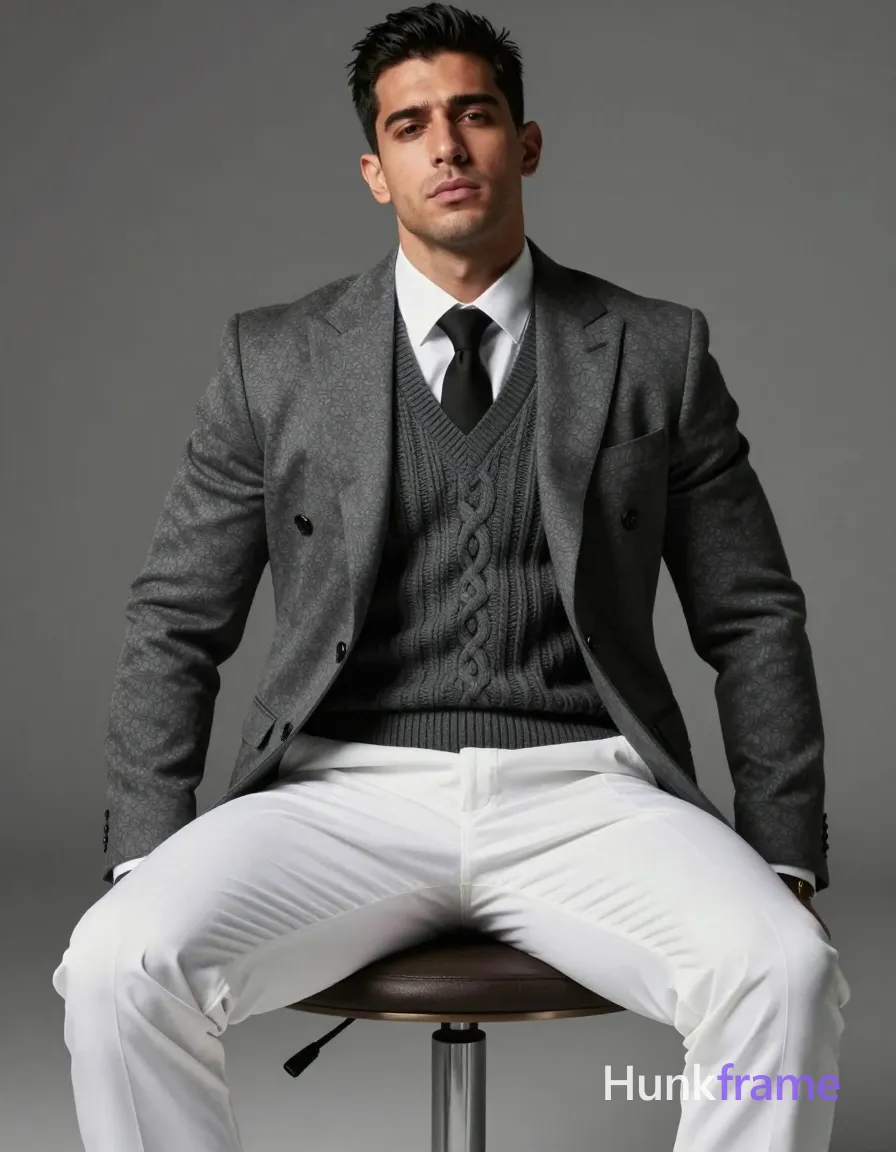 A Turkish man with olive skin and an aquiline nose is seated on a modern chair, leaning slightly back. He wears a double-breasted suit jacket over a white dress shirt and black tie, showcasing his lean hairy chest and thick muscular thighs. The background is neutral gray with soft grays and dramatic lighting that emphasizes the high contrast of his stylish attire