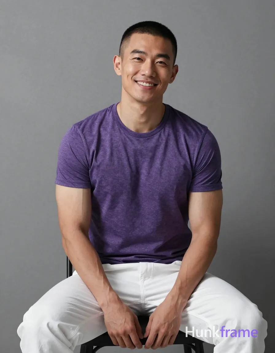 Asian man with short buzz cut and clean-shaven face smiling, seated upright on a black chair against a textured gray wall; He wears a snug purple marled crew-neck t-shirt revealing broad shoulders and defined pectorals, paired with loose white pants; His torso is relaxed while his head turns slightly to the viewer's right; Soft directional light from the left sculpts his toned biceps in a minimalist fine-art photography style; single clean uninterrupted photograph with a cohesive editorial composition and plain continuous surrounding surfaces