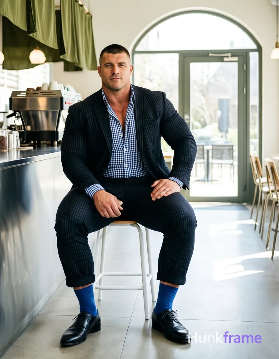 an anonymous figure man seated upright on white stool in modern coffee shop, slim build with short black buzz cut and clean-shaven face wearing dark pinstripe suit jacket over blue-and-white gingham shirt top buttons undone revealing upper chest; Hands resting on thighs and lap, feet flat on floor showing solid blue crew-neck socks above black leather cap-toe shoes; Background features stainless steel counter, hanging olive-green fabric shades, arched glass doorway to patio; High-key natural daylight streaming through arch creating soft shadows, shallow depth of field sharp focus on subject; Clean lines minimalist interior design vertical portrait composition 13:19 aspect ratio fine-art photography muscle bear aesthetic broad shoulders meaty chest rugged warm confidence preserved big-and-hairy build thick-thigh leg structure emphasized by cuffed trousers and seated posture modern coffee shop setting as backdrop; single clean uninterrupted photograph with a cohesive editorial composition and plain continuous surrounding surfaces
