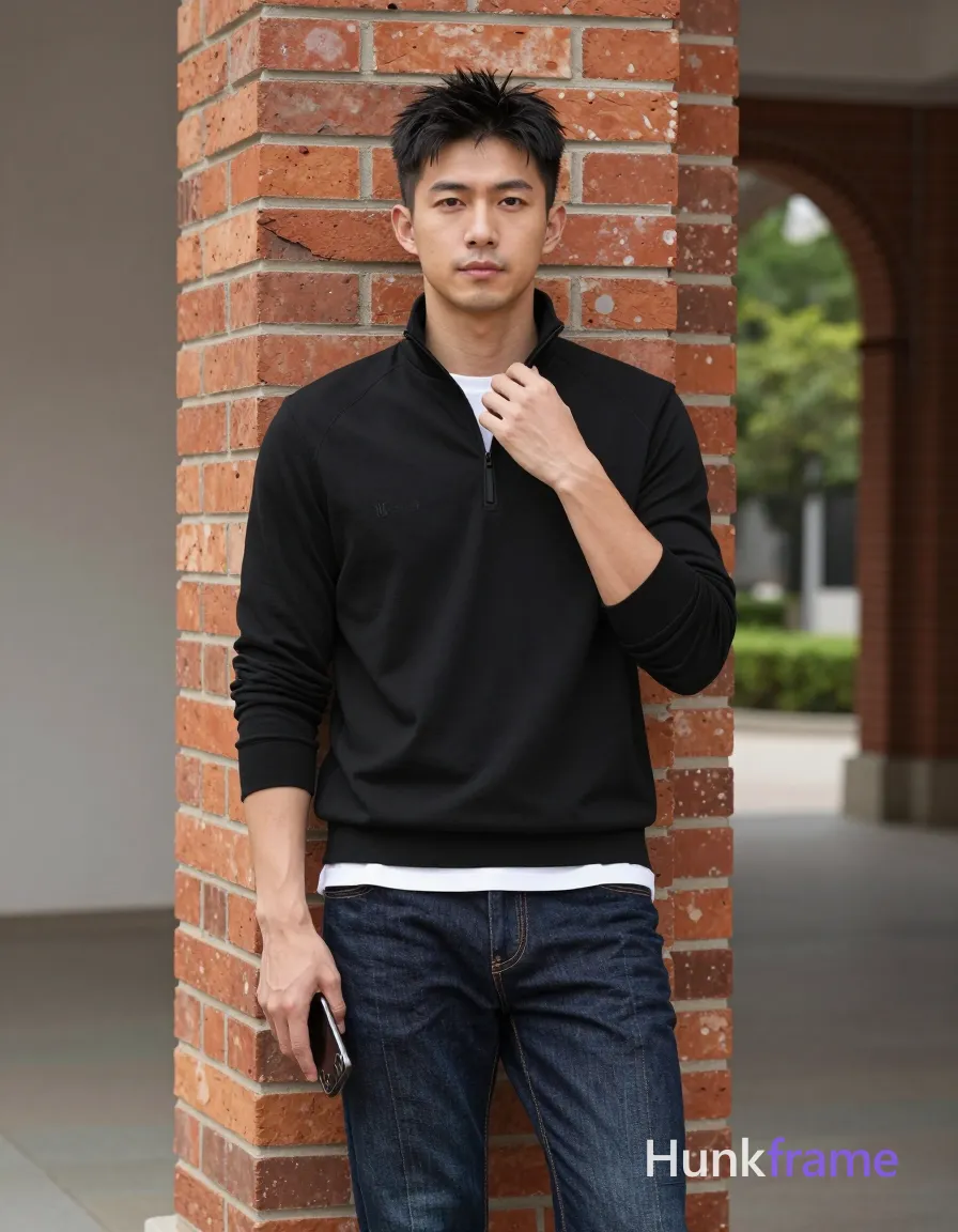 Asian man, light-medium skin, short textured black hair styled upward at the crown with tapered sides and slight flyaways, clean-shaven smooth jawline; Standing upright leaning slightly against a red brick pillar on his right side in an outdoor architectural space; Left hand resting near hip pocket, right hand adjusting collar of black long-sleeve quarter-zip pullover with small embroidered logo to reveal neck and collarbone area above zipper line; White crew-neck undershirt visible at neckline and hemline over lean build with defined shoulders and arms; Dark wash denim jeans with visible stitching along front seams from head to mid-thighs vertical orientation; Smartphone held naturally in left hand capturing mirror reflection, greenery visible through open archway to right under soft diffused daylight; single clean uninterrupted photograph with a cohesive editorial composition and plain continuous surrounding surfaces