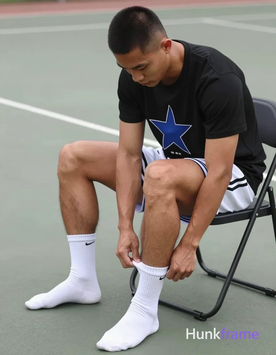 an anonymous figure athlete with light to medium tan skin and short black buzz cut sits on a folding chair, pulling up white crew socks; He wears a black t-shirt with blue star graphic and white basketball shorts showing thick quadriceps and calves under soft shadows; Documentary realism style captures the focused downward gaze during sock adjustment against an outdoor court backdrop, same aesthetic theme and photo feel as the reference but a different man in a different pose with distinct body proportions, Thai man, smooth tan skin, gentle eyes, slim toned Muay Thai physique; single clean uninterrupted photograph with a cohesive editorial composition and plain continuous surrounding surfaces