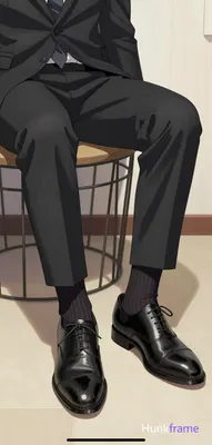 Polished anime style rendering of an adult man seated with legs extended forward, feet resting on a 