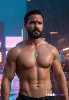 A muscular man with short dark hair, a beard, and serious expression stands conf