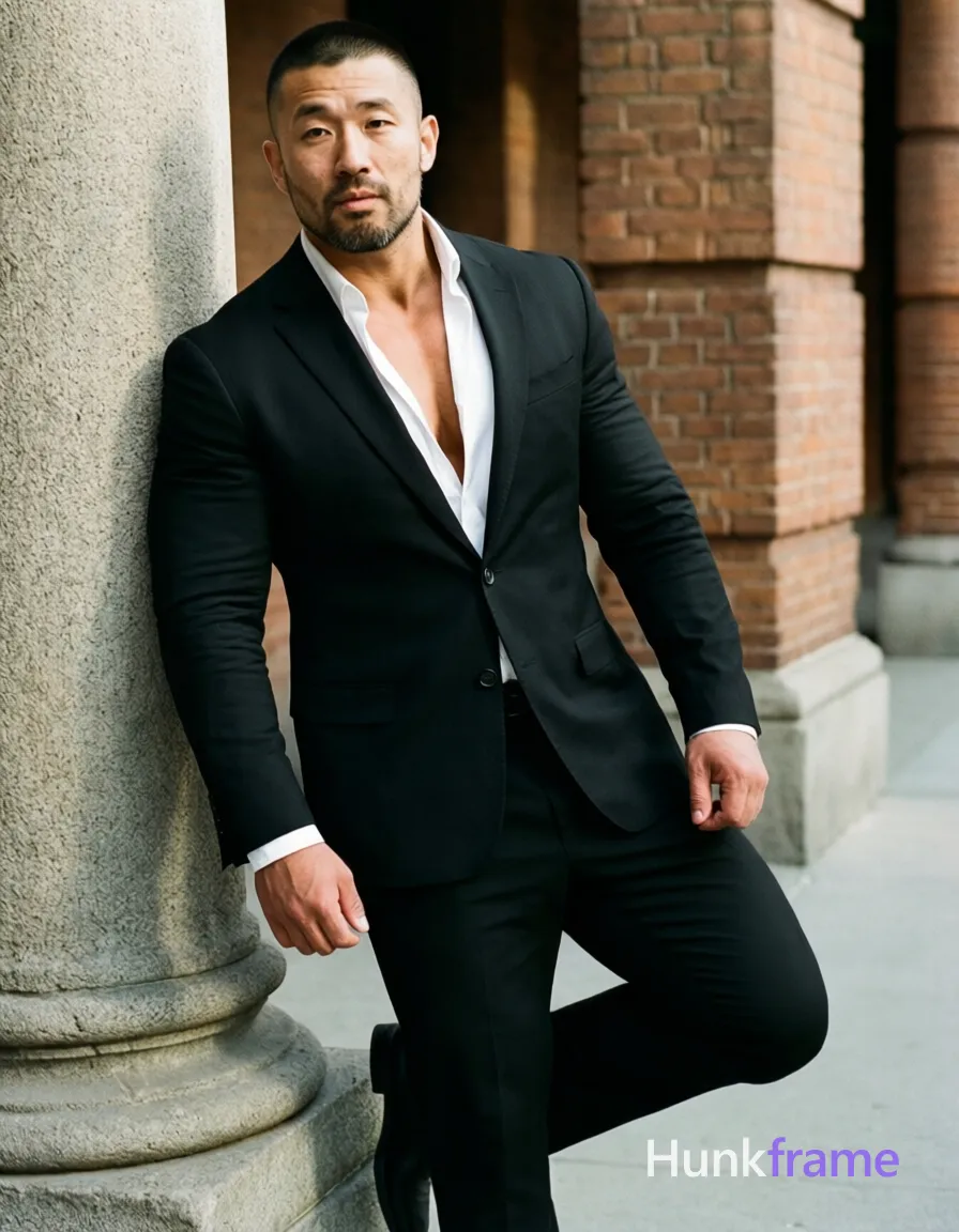 Asian man with short buzz cut and light stubble stands in three-quarter profile leaning against a stone column, weight shifted left while right foot lifts dynamically; He wears a black tailored single-breasted suit jacket open at the collar over a white dress shirt revealing upper chest, paired with matching black trousers; Full-body shot framed between brick building columns under natural daylight casting soft shadows on his broad shoulders and defined pectorals; Fine-art photography aesthetic highlighting rugged bear energy and meaty physique against an urban heritage backdrop, same aesthetic theme and photo feel as the reference but a different man in a different pose with distinct body proportions, Middle Eastern man, tan skin, dark beard shadow, muscular but natural proportions; single clean uninterrupted photograph with a cohesive editorial composition and plain continuous surrounding surfaces