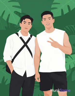 Bold flat-color wall art graphic of two Asian men standing side-by-side outdoors