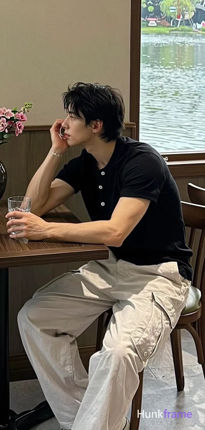 seated sideways at a dark wooden table; He wears a black short-sleeved polo shirt with collar buttoned and light beige cargo pants with multiple pockets; His lean build is visible as he rests his chin on his right hand near the temple while gazing leftward out of frame; his left arm extends forward holding a clear glass steady on the tabletop; The mirror reflection captures him from mid-to-lower frame, center-left seated position; Upper-right shows window view of water and greenery with soft natural light creating gentle highlights; Left edge includes dark vase with pink flowers; Shallow depth of field blurs background water for fine-art photography aesthetic, shot on iPhone 15 Pro main camera, authentic smartphone computational photography, natural Smart HDR, vertical 9:16 Xiaohongshu lifestyle post, bright clean gym or cafe scene, wardrobe matching reference outfit, confident everyday blogger pose, phone photo with natural grain; single clean uninterrupted photograph with a cohesive editorial composition and plain continuous surrounding surfaces