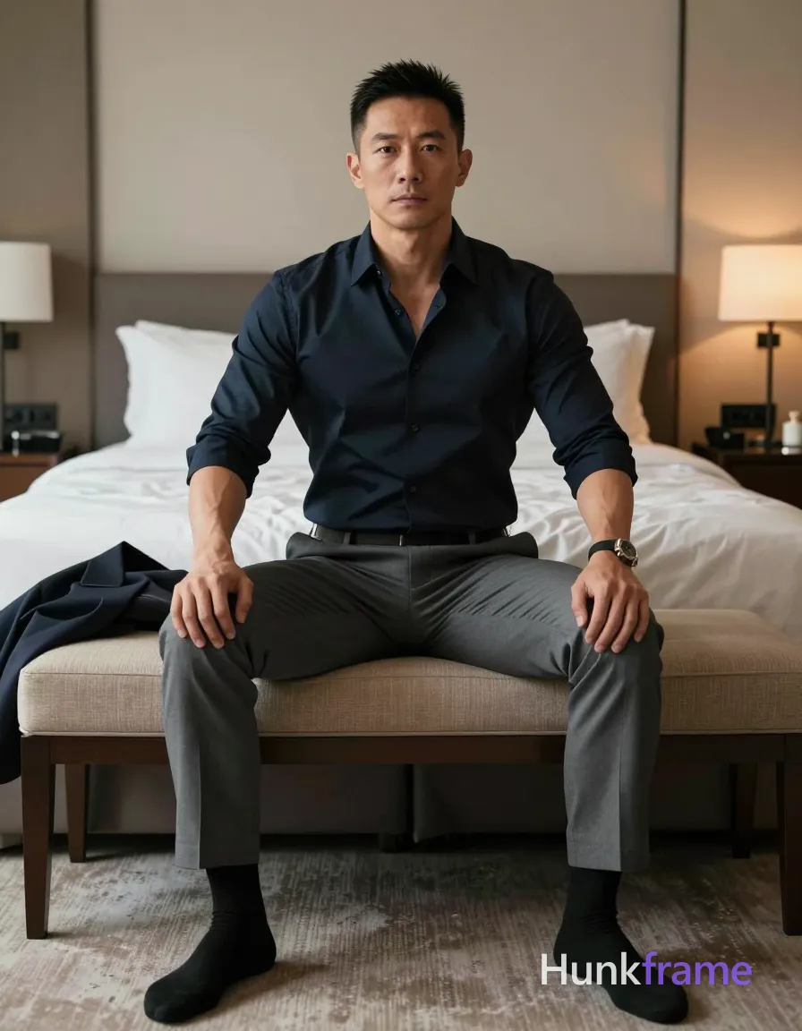 same recurring adult male subject throughout one photo shoot, consistent facial identity, facial structure, hairstyle, age, skin tone, body proportions, wardrobe, location, background design, and lighting setup, Asian man with medium-dark skin and short black hair seated on a beige upholstered bench in a hotel bedroom. He wears a dark navy button-down shirt fully worn, sleeves rolled to forearms, grey dress trousers, and black socks without shoes. His torso is upright, legs spread apart, hands resting on thighs, displaying broad shoulders and defined chest arms. A dark suit jacket drapes over the left armrest beside him. Soft ambient indoor lighting with warm lamp glow from the right side illuminates his composed neutral gaze at camera. Full-body shot centered in frame including surrounding room context like large bed behind and patterned carpet foreground. Clean composition balanced framing vertical portrait orientation 13:19 aspect ratio fine-art photography homoerotic aesthetic premium fashion-editorial style tasteful suggestive framing sculpting light implied exposure teasing pose confident masculine man., a single uninterrupted photograph only, no written words or typography anywhere in frame, no captions, no app UI, no social-media post layout, no screenshot borders 站立, 正面看镜头, 平静, 中景,平视, a single uninterrupted photograph only, no written words or typography anywhere in frame, no captions, no app UI, no social-media post layout, no screenshot borders