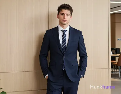 an anonymous figure man with short textured dark brown hair and clean-shaven face, wearing a navy bl