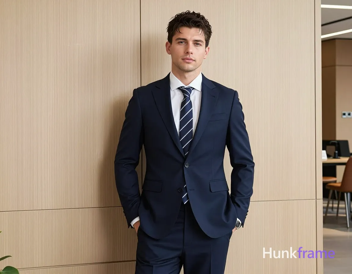 an anonymous figure man with short textured dark brown hair and clean-shaven face, wearing a navy blue tailored suit jacket over a white dress shirt with a striped tie; He stands leaning against light wood-paneled walls in an indoor studio setting, hands deep in trouser pockets, shoulders squared to camera; High-resolution commercial portrait photography emphasizing sharp focus on suit details and precise tailoring lines, shot on iPhone 15 Pro main camera, authentic smartphone computational photography, natural Smart HDR, vertical 9:16 Xiaohongshu lifestyle post, bright clean gym or cafe scene, wardrobe matching reference outfit, confident everyday blogger pose, phone photo with natural grain; single clean uninterrupted photograph with a cohesive editorial composition and plain continuous surrounding surfaces