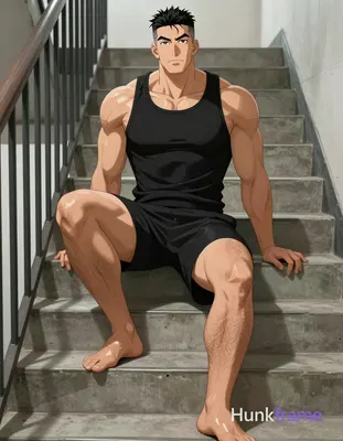 Vertical mid-shot anime style of a very muscular adult man seated on concrete st