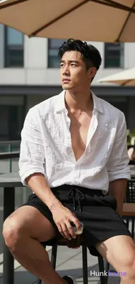 Asian man with light-medium skin, black short hair styled with volume on top and sides swept back, c