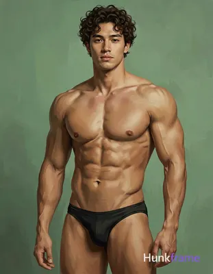 A digital painting of a shirtless man with a muscular torso leaning slightly to 