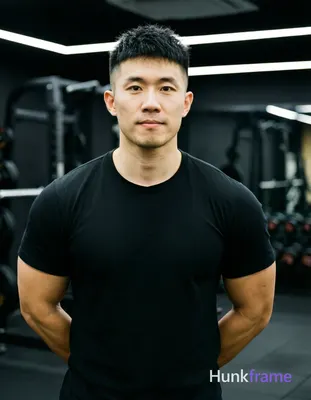 Asian man with medium-light skin, short textured dark black crop cut close on si