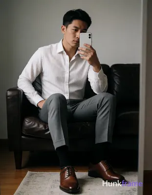Asian man seated on dark leather sofa, legs spread knees bent taking mirror self