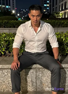 Photograph of exactly 1 adult man. Man 1: Asian, light-medium, oval with defined