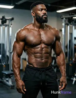 A handsome Black man with dark brown skin stands upright in a gym, torso angled left. He wears black