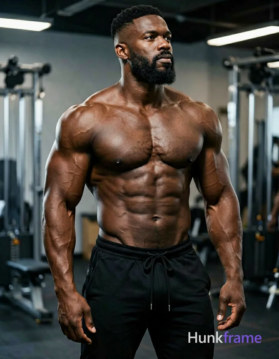 A handsome Black man with dark brown skin stands upright in a gym, torso angled left. He wears black drawstring sweatpants and is shirtless, exposing his highly muscular chest, defined abs, visible vascularity, arms, abdomen, and thick thighs. Short black hair with fade sides frames a full dark beard and mustache; he looks upward to the right with a serious expression. Waist-up vertical portrait shot captures fine-art editorial photography style, shallow depth of field blurring gym equipment background, dramatic directional lighting from upper left casting cool gray shadows on sculpted muscle definition., same aesthetic theme and photo feel as the reference but a different man in a different pose with distinct body proportions, Black man, deep brown skin, cropped hair, broad shoulders, boxer physique not bodybuilder, wearing underwear or swim trunks, covered genitals, no frontal nudity, a single uninterrupted photograph only, no written words or typography anywhere in frame, no captions, no app UI, no social-media post layout, no screenshot borders
