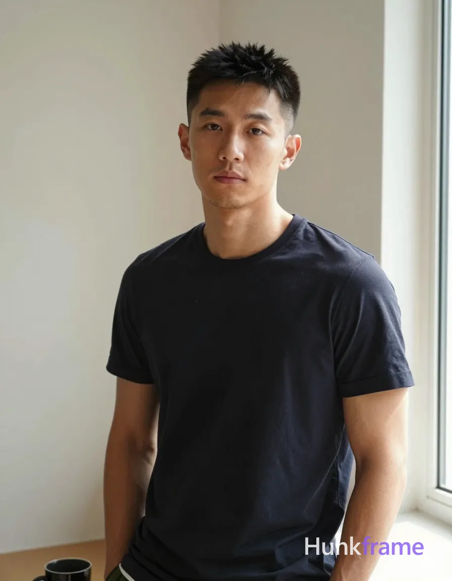 an anonymous figure man with light to medium tan skin and subtle shadows under the jawline, black short buzz cut fading to skin on sides with textured spiky top layer standing upright; Clean-shaven face with very faint stubble along jawline and upper lip, chin smooth; Neutral expression with direct gaze toward camera and slight head tilt to viewer's left; Standing casually in a cozy apartment corner holding a coffee mug near a window sill; Wearing dark navy or black crew-neck t-shirt covering torso completely; Fully clothed adult lean build physique; Natural daylight streaming from right side casting soft highlights on face and shoulder; Clean composition, natural skin tones, shallow depth of field implied by background blur; Xiaohongshu lifestyle influencer vibe with candid iPhone rear-camera snapshot energy, same aesthetic theme and photo feel as the reference but a different man in a different pose with distinct body proportions, Chinese man, light tan skin, high cheekbones, lean wiry martial-arts physique; single clean uninterrupted photograph with a cohesive editorial composition and plain continuous surrounding surfaces
