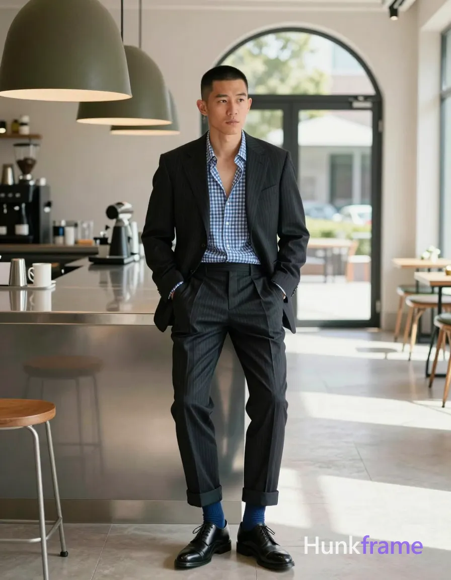 an anonymous figure man standing casually leaning against coffee bar counter in modern cafe interior, slim build with short black buzz cut and clean-shaven face wearing dark pinstripe suit jacket over blue-and-white gingham shirt top buttons undone revealing upper chest; Hands resting on thighs and lap relaxed posture showing solid blue crew-neck socks above black leather cap-toe shoes; Background features stainless steel counter, hanging olive-green fabric shades, arched glass doorway to patio visible behind him; High-key natural daylight streaming through arch creating soft shadows, shallow depth of field sharp focus on subject; Clean lines minimalist interior design vertical portrait composition 13:19 aspect ratio Xiaohongshu lifestyle influencer candid iPhone rear-camera snapshot energy real scene trendy vibe premium masculine styling homoerotic undertone exposed upper chest detail thick-thigh leg structure emphasized by cuffed trousers; single clean uninterrupted photograph with a cohesive editorial composition and plain continuous surrounding surfaces
