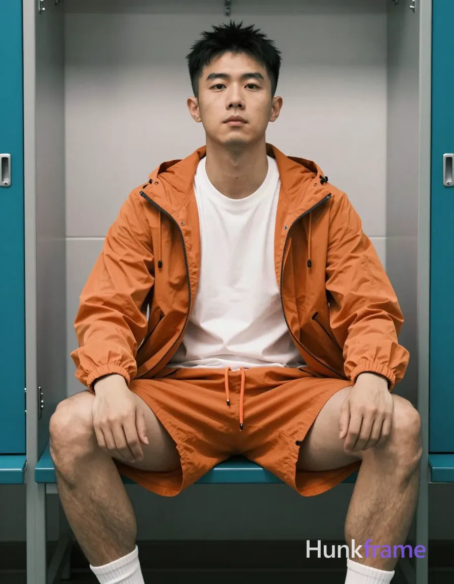 Asian man with short black spiky hair and clean-shaven face, neutral gaze direct eye contact seated on a teal bench or ledge. Legs bent with knees up slightly apart, torso relaxed upright, hands resting loosely on thighs/knees. Wearing orange zip-up hooded jacket unzipped to mid-chest over white crew-neck t-shirt, matching orange drawstring shorts, white ribbed ankle sock visible on right foot while left leg bare. Indoor locker room setting with white tiled walls and teal metal shelving. Soft directional light from front-left casting subtle shadows defining facial structure and clothing folds. Fine-art photography aesthetic with slightly grainy texture and soft focus edges. Vertical portrait composition centered medium shot., a single uninterrupted photograph only, no written words or typography anywhere in frame, no captions, no app UI, no social-media post layout, no screenshot borders
