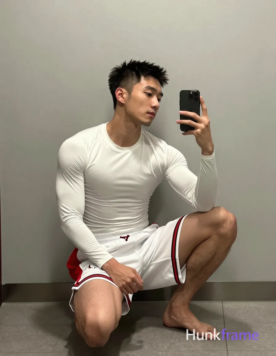 Asian man with short textured dark black hair and clean-shaven face, wearing white long-sleeve compression shirt covering torso completely and white basketball shorts with red panel featuring Jumpman logo; Seated sideways against a light gray wall in an indoor bathroom setting, knees bent with feet flat on floor; Left hand holds black smartphone near bottom edge angled toward mirror reflection for selfie; right hand extended outward with fingers slightly curled and palm facing up to tease the frame; Full-body shot from head to feet including seated pose left-center; Soft ambient lighting creates subtle shadows under chin and arms enhancing lean build definition; Clean lines, minimalist composition, vertical portrait orientation 13:19 aspect ratio; single clean uninterrupted photograph with a cohesive editorial composition and plain continuous surrounding surfaces