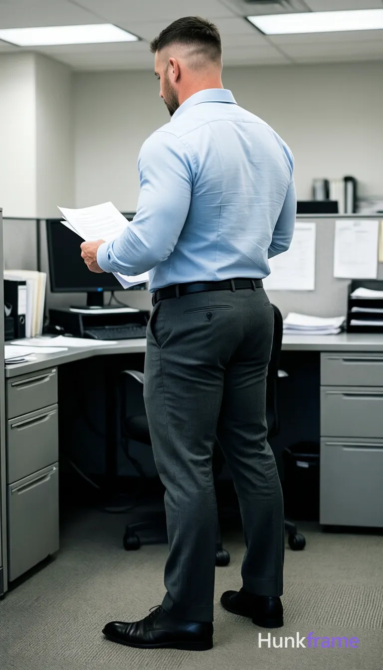 Full-body muscle bear photography of an adult man with short dark hair featuring fade sides and a longer top, standing back to camera holding papers in both hands near waist level. He wears a tucked-in light blue long-sleeve button-up shirt, dark grey tailored trousers, black belt, and black dress shoes on fully clothed legs. Positioned center-right occupying most of the vertical frame from head to feet within an office cubicle environment with desk, computer monitor, filing materials visible in background under overhead fluorescent lighting. Clean neutral palette of greys, whites, blacks accented by light blue shirt; realistic photography style capturing a professional calm mood., a single uninterrupted photograph only, no written words or typography anywhere in frame, no captions, no app UI, no social-media post layout, no screenshot borders