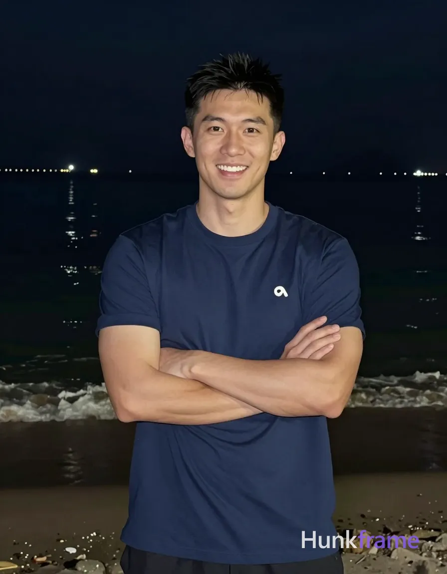 Asian man with light-medium skin and short black hair featuring a textured top and clean sides, clean-shaven face; He stands centered in a vertical portrait frame from head to mid-thighs, arms crossed over his chest facing forward with a broad confident smile showing teeth; Wearing a solid navy blue short-sleeve crew-neck t-shirt with a small white logo on the left chest, fully clothed adult build displaying broad shoulders and defined biceps; Set against a nighttime beach or waterfront background where distant lights reflect softly on water behind him; Low-key ambient night lighting provides soft frontal fill illuminating his face and upper torso while the background retains slightly soft focus for depth; single clean uninterrupted photograph with a cohesive editorial composition and plain continuous surrounding surfaces